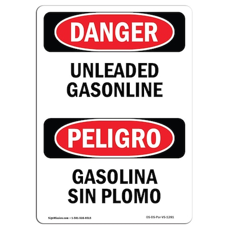Signmission Safety Sign, OSHA Danger, 14" Height, Aluminum, Unleaded Gasoline Bilingual Spanish OS-DS-A-1014-VS-1281